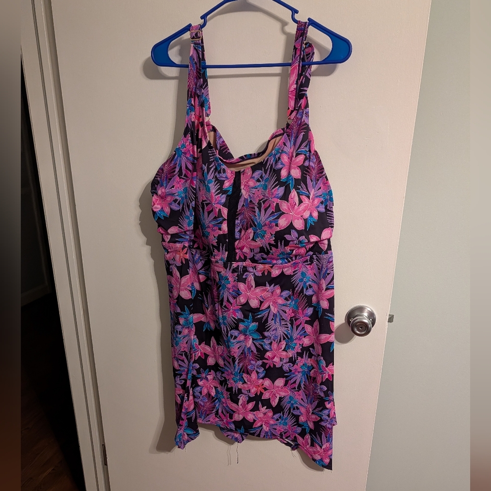 Swimsuits For All Pink and Blue Floral Swim Dress